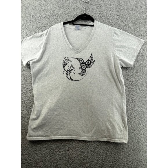 Gray V-Neck T-Shirt With Tribal Bird Design By Port & Company - XXL - Picture 1 of 6